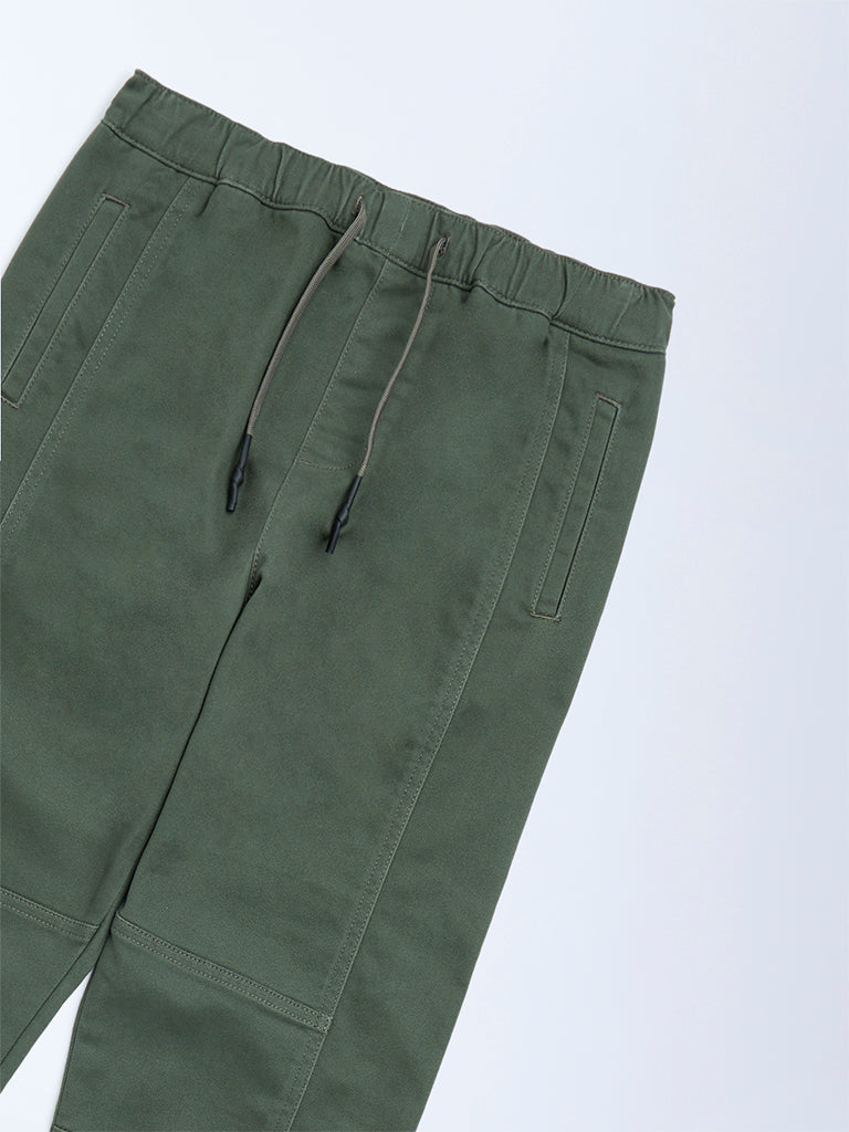 Boys Olive Mid-Rise Cotton-Blend Joggers