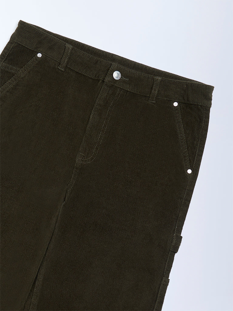 Boys Olive Relaxed-Fit Mid-Rise Cotton-Blend Trousers