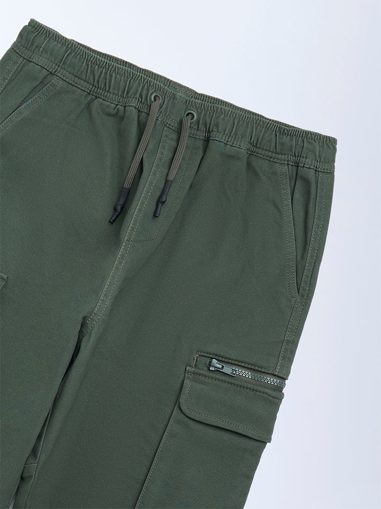 Y&F Kids Boys Olive Mid-Rise Cotton-Blend Joggers