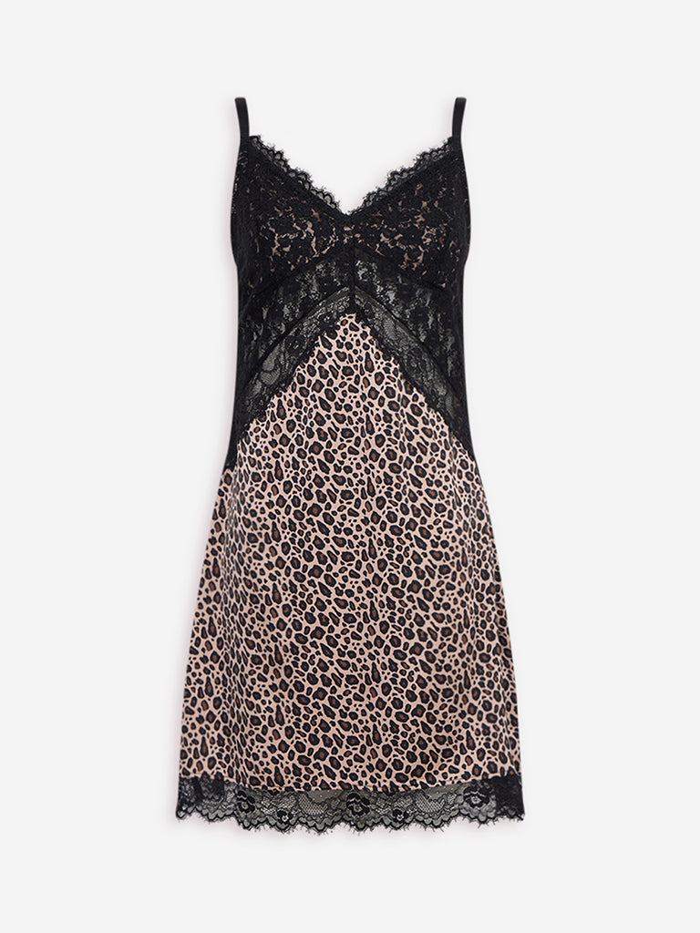 Westside Wunderlove Women's Brown Animal Printed Satin Slip Dress for Casual Wear Flatly View