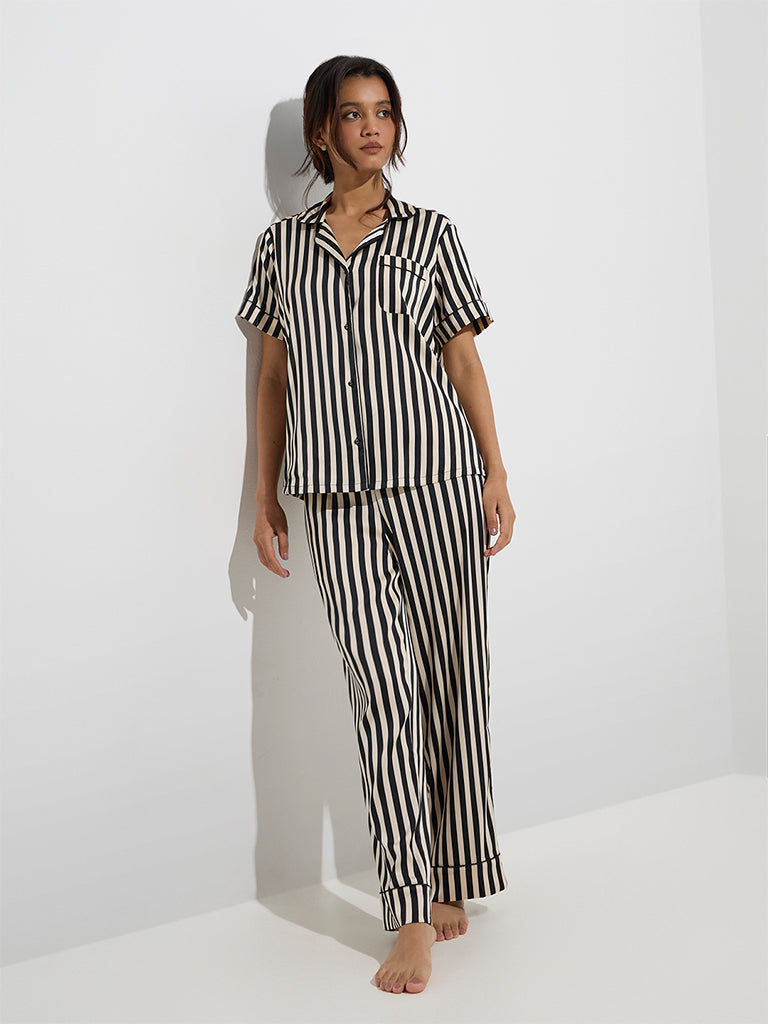 Westside Wunderlove Women's Black Stripe Patterned Shirt and Pyjamas Set for Casual Wear Front View