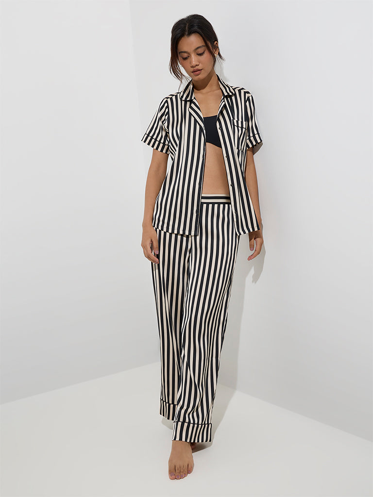 Westside Wunderlove Women's Black Stripe Patterned Shirt and Pyjamas Set for Casual Wear Full Model View