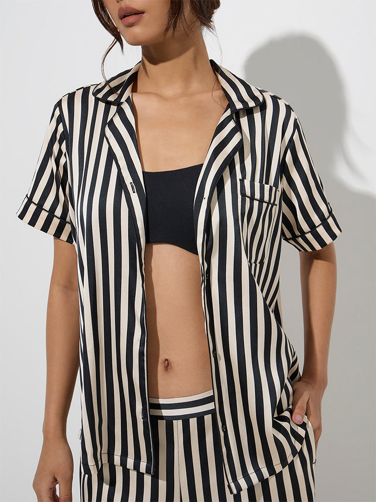 Westside Wunderlove Women's Black Stripe Patterned Shirt and Pyjamas Set for Casual Wear Zoom View