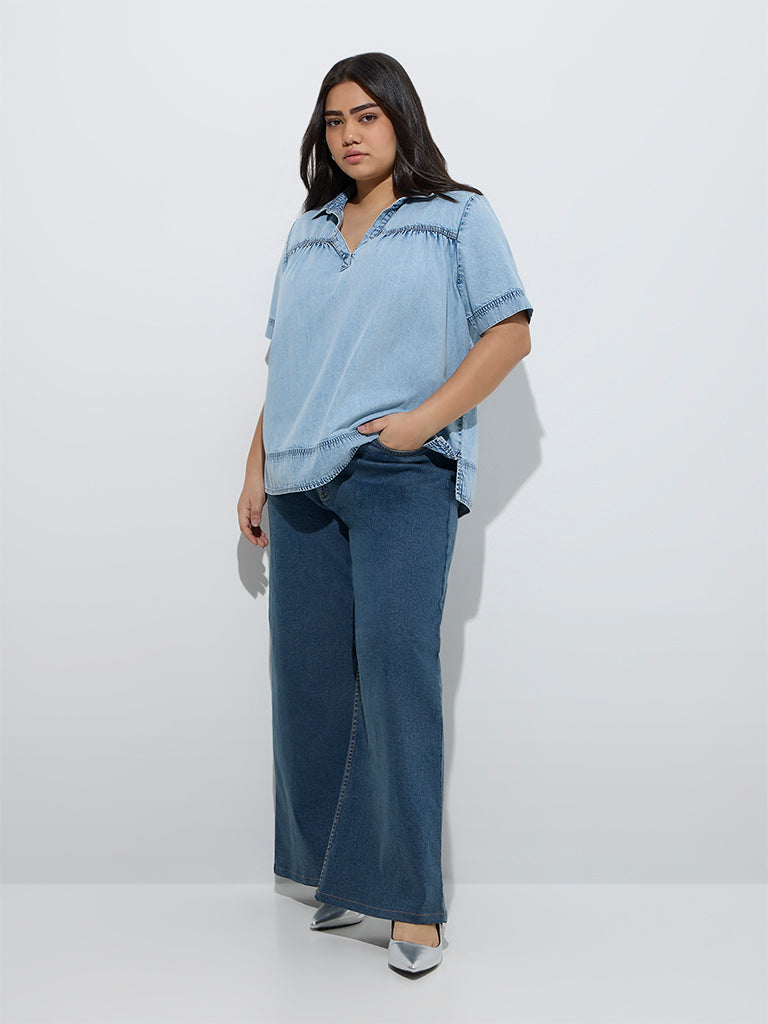Westside Gia Women's Light Blue Denim Top for Casual Wear Full Model View