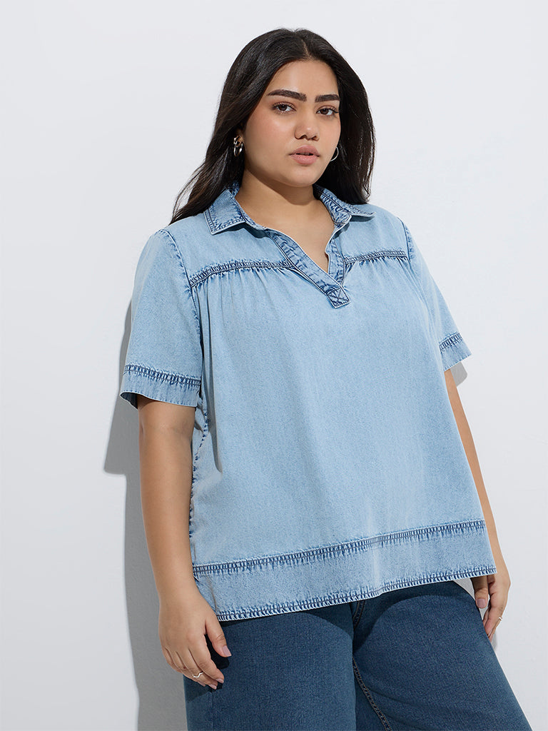 Westside Gia Women's Light Blue Denim Top for Casual Wear Front View