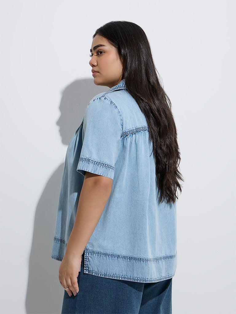 Westside Gia Women's Light Blue Denim Top for Casual Wear Back View