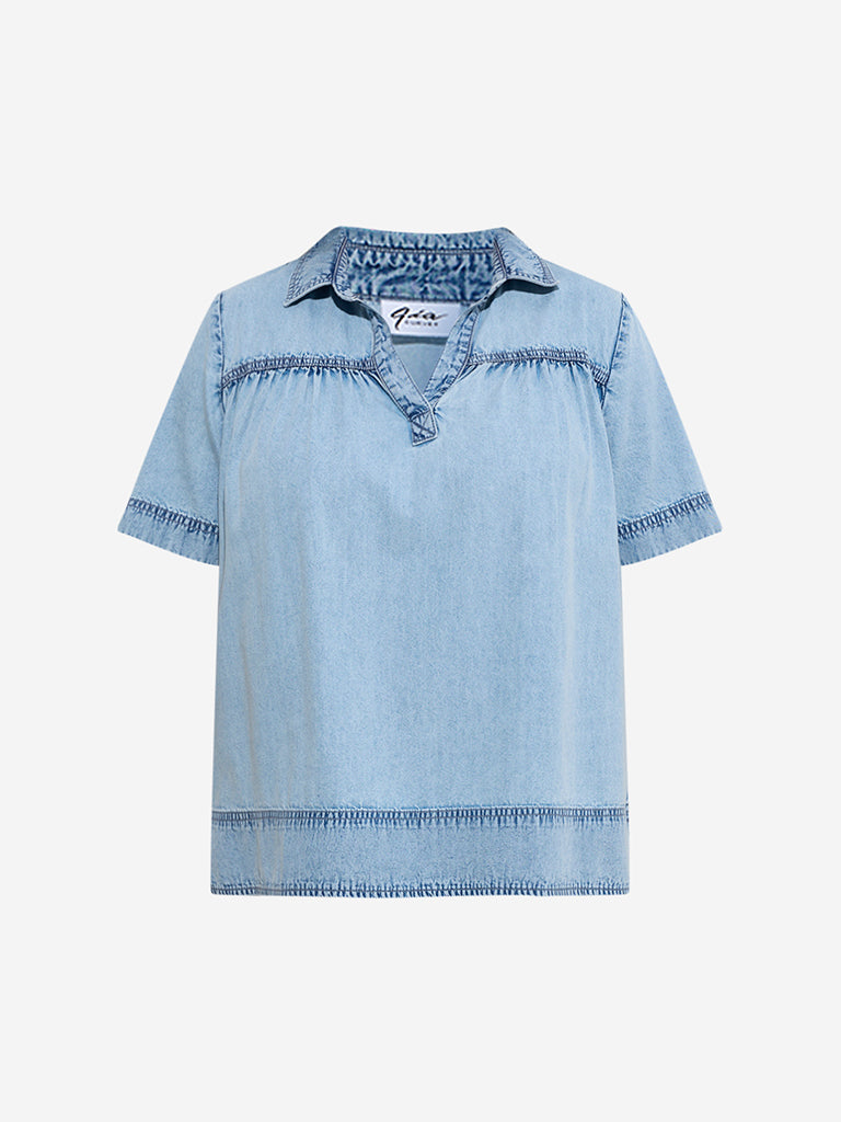 Westside Gia Women's Light Blue Denim Top for Casual Wear Flatly View