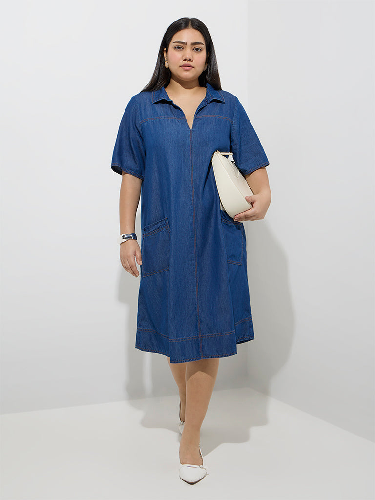 Westside Gia Women's Blue Denim A-Line Dress for Casual Wear Full Model View