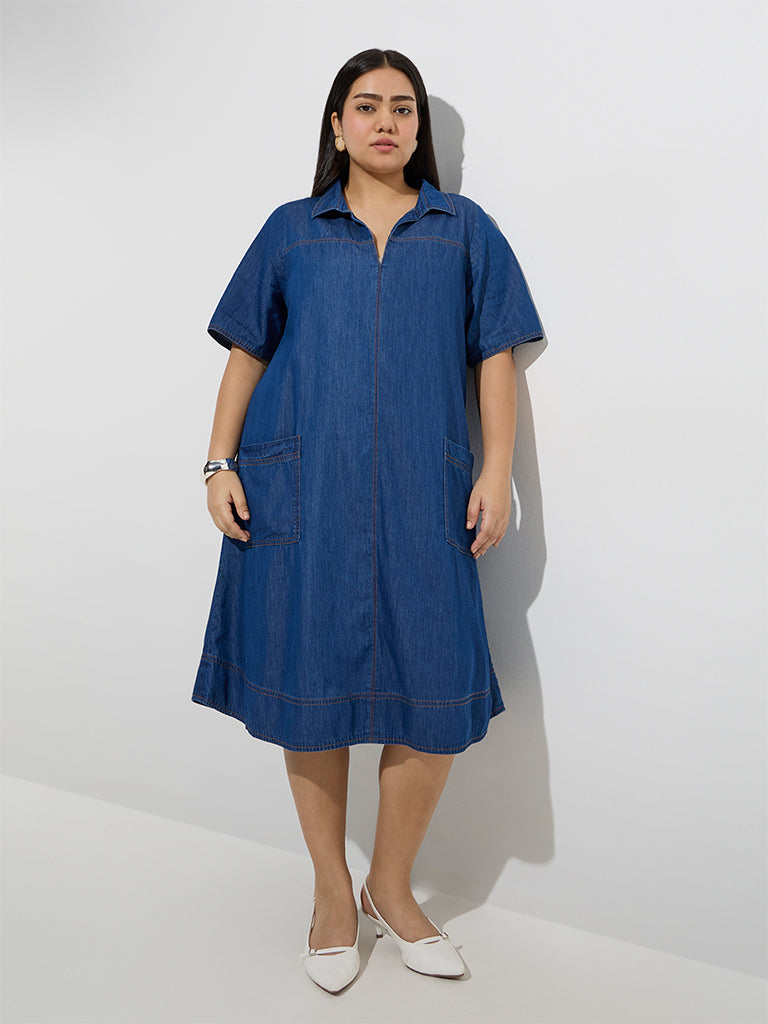 Westside Gia Women's Blue Denim A-Line Dress for Casual Wear Front View