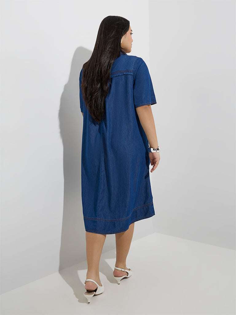 Westside Gia Women's Blue Denim A-Line Dress for Casual Wear Back View