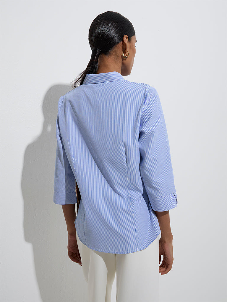 Westside Wardrobe Women's Blue Stripe Printed Shirt for Work Wear Back View