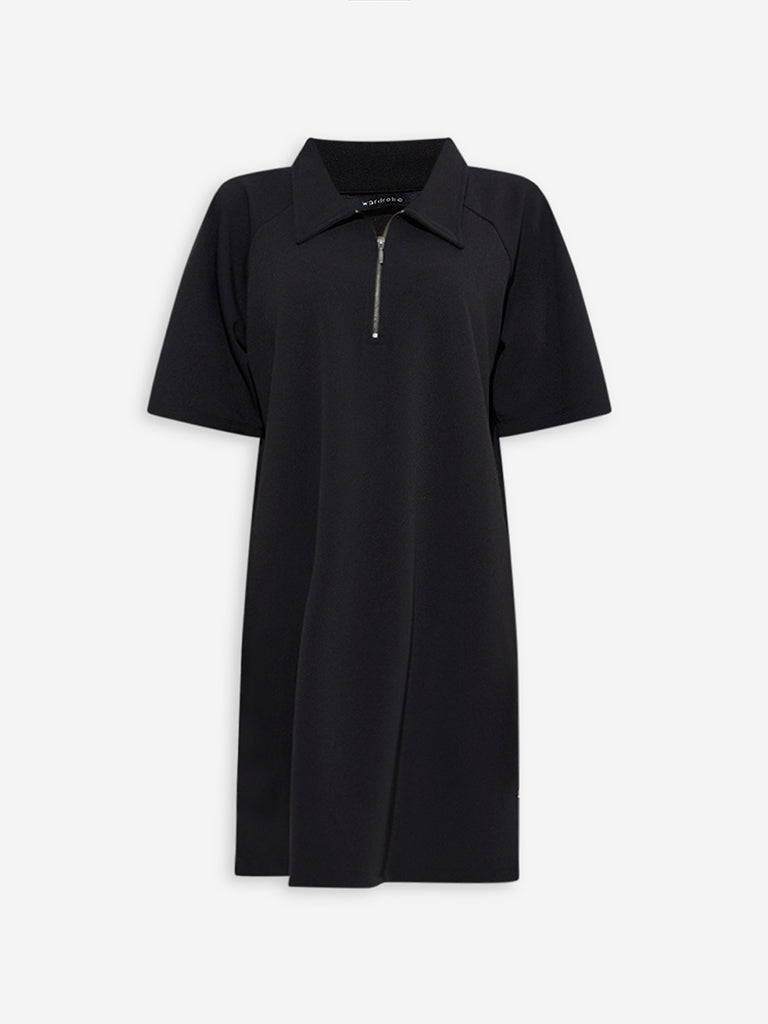 Westside Wardrobe Women's Black Solid Quarter-Zipper A-Line Dress for Work Wear Flatly View