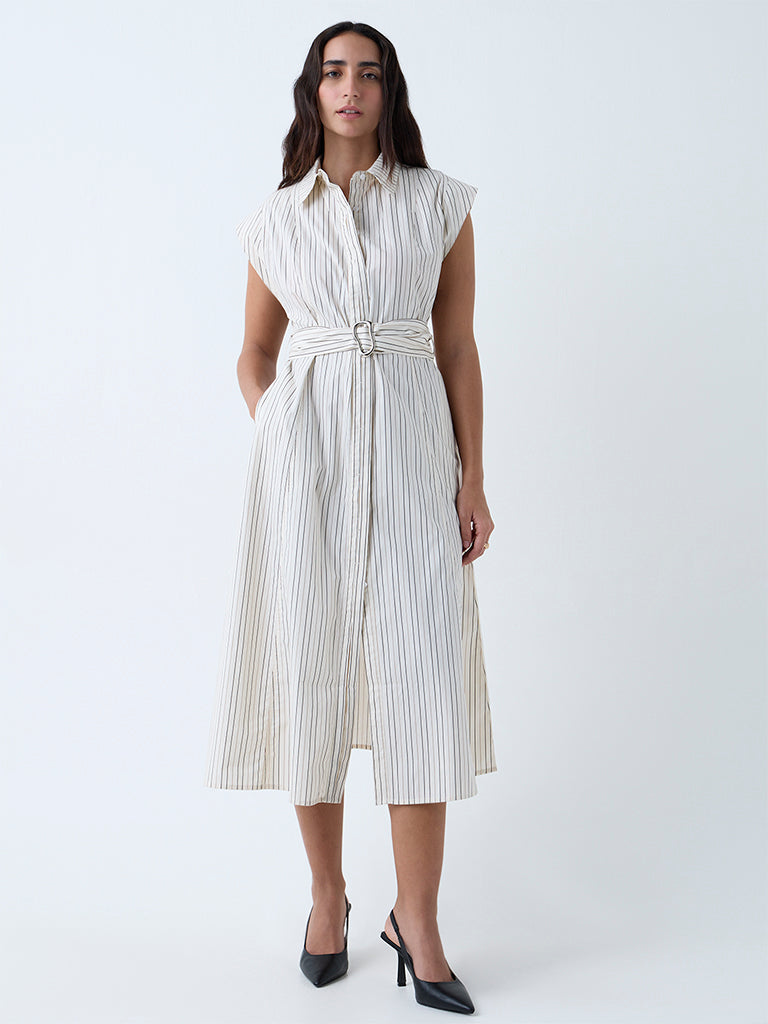 Westside Wardrobe Women's Off-White Stripe Cotton A-Line Dress with Belt for Work Wear Full View