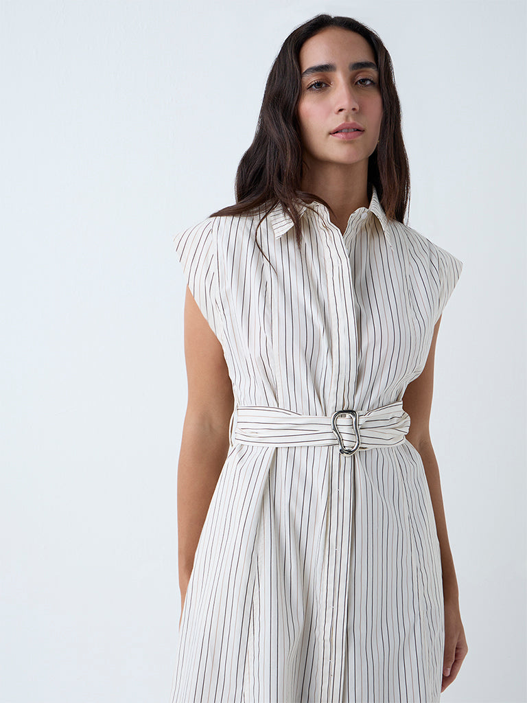Westside Wardrobe Women's Off-White Stripe Cotton A-Line Dress with Belt for Work Wear Zoomed View