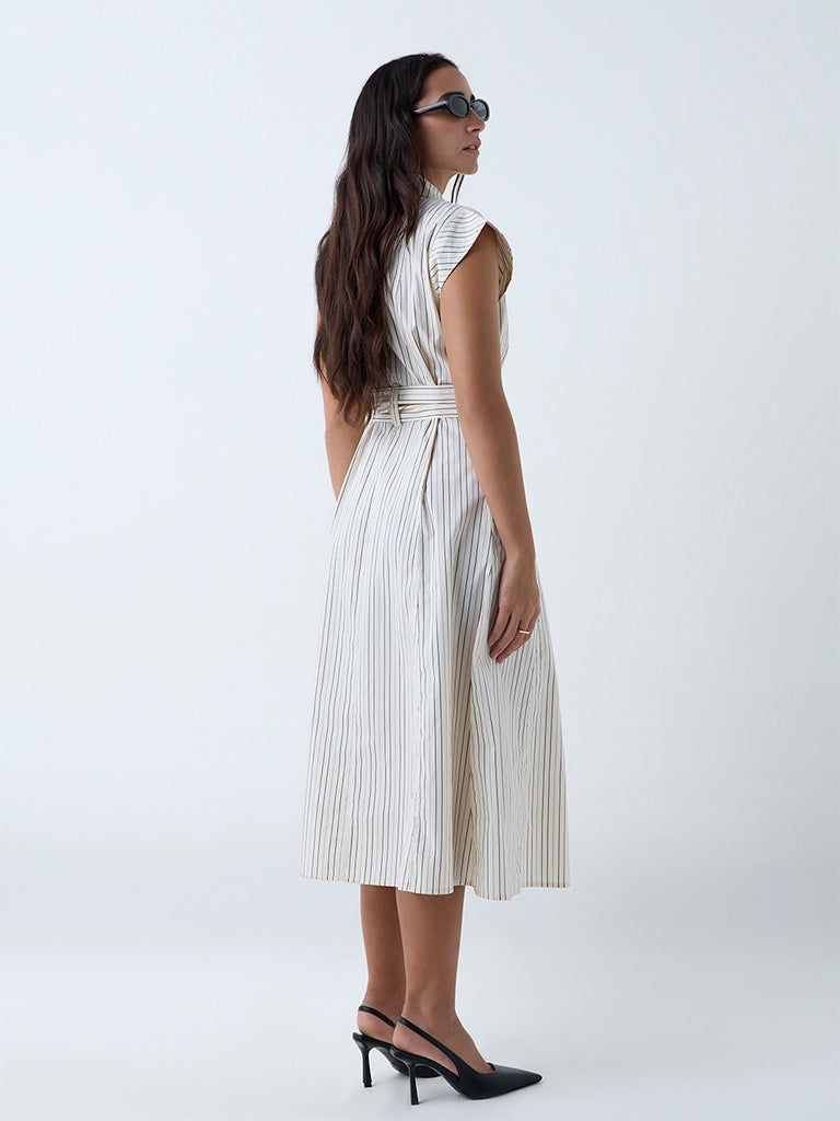 Westside Wardrobe Women's Off-White Stripe Cotton A-Line Dress with Belt for Work Wear Back View