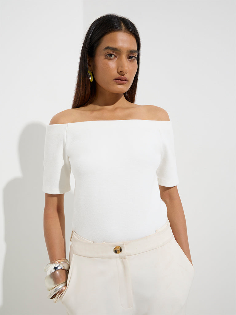 Westside Wardrobe Women's White Off-Shoulder Top for Work Wear Front View
