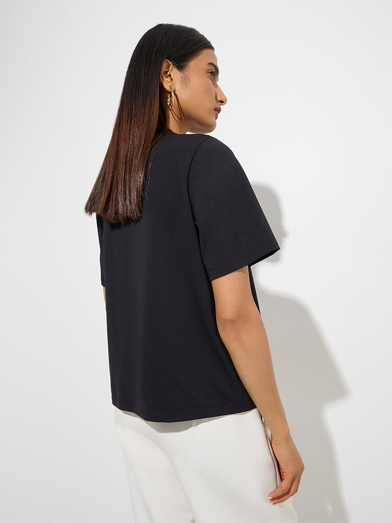 Westside Wardrobe Women's Black Metal-Detailed T-Shirt for Work Wear Back View