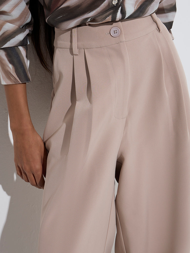 Westside Wardrobe Women's Taupe Solid Wide-Leg High-Rise Trousers for Work Wear Zoom View