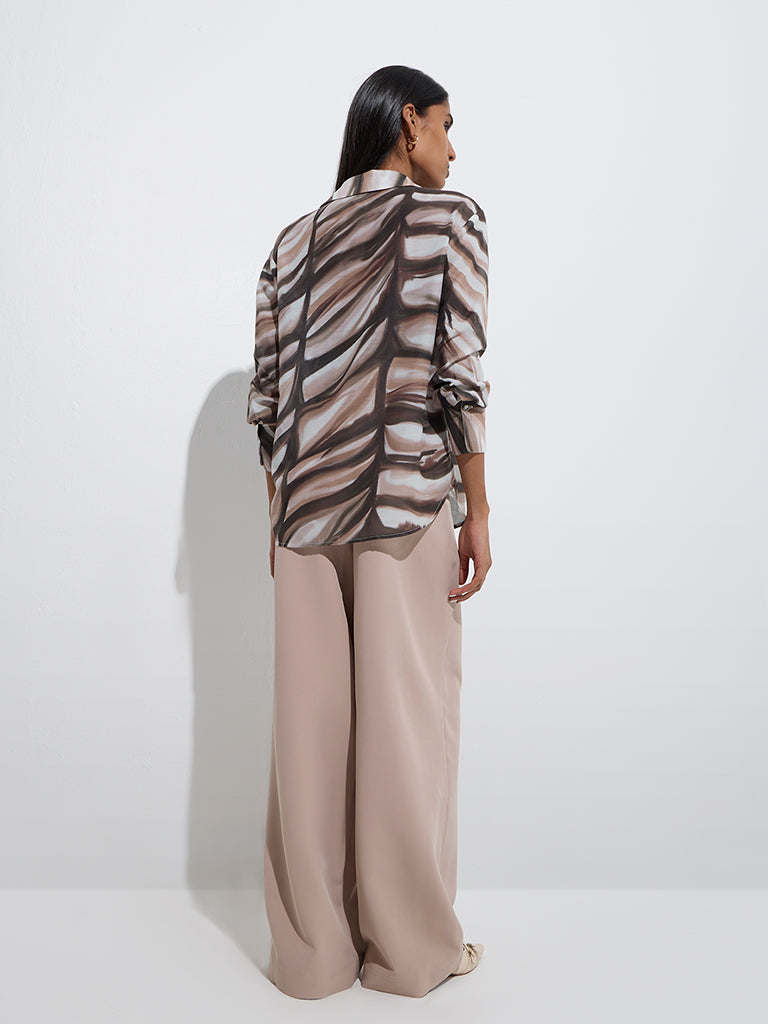 Westside Wardrobe Women's Taupe Solid Wide-Leg High-Rise Trousers for Work Wear Back View