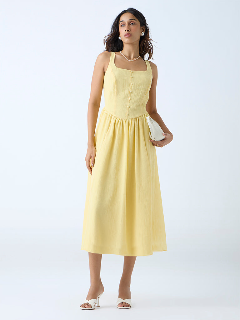 Westside LOV Women's Light Yellow Self-Textured A-Line Dress for Casual Wear Full View