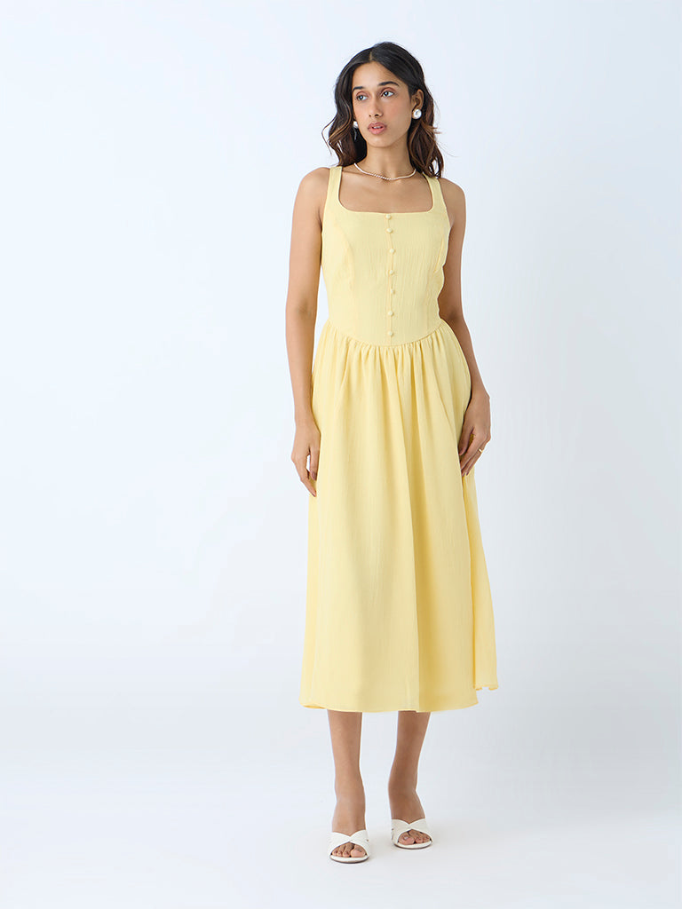Westside LOV Women's Light Yellow Self-Textured A-Line Dress for Casual Wear Front View