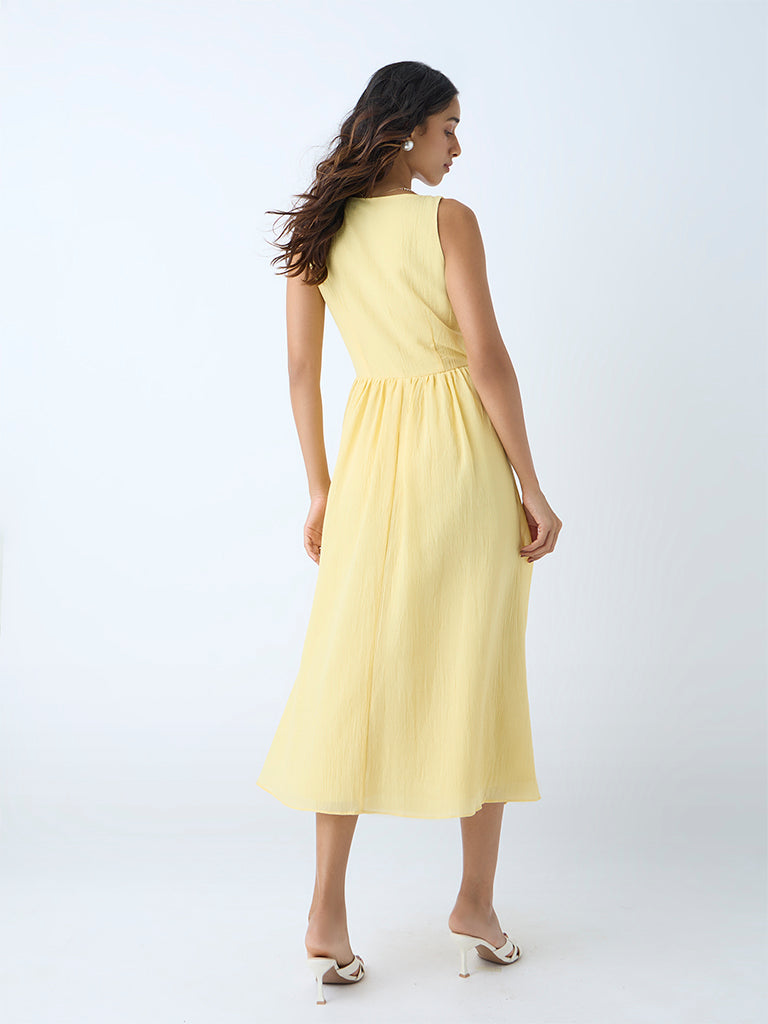 Westside LOV Women's Light Yellow Self-Textured A-Line Dress for Casual Wear Back View