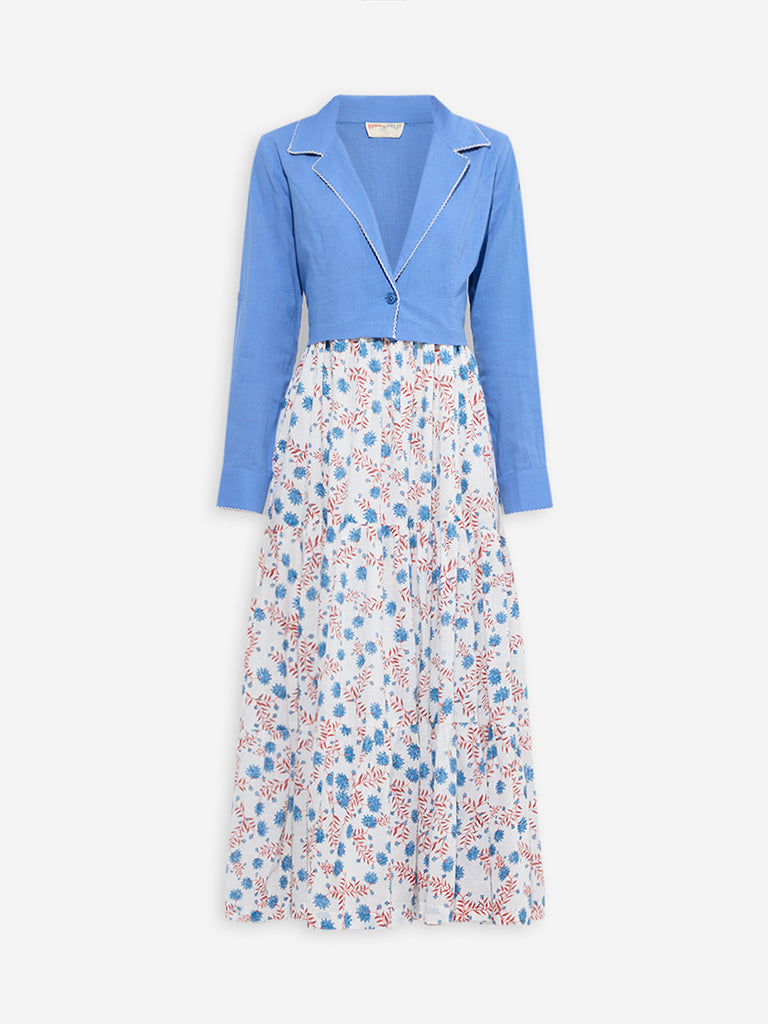 Westside Bombay Paisley Women's Blue Foliage Cotton Tiered Dress with Jacket for Everyday Flatly View