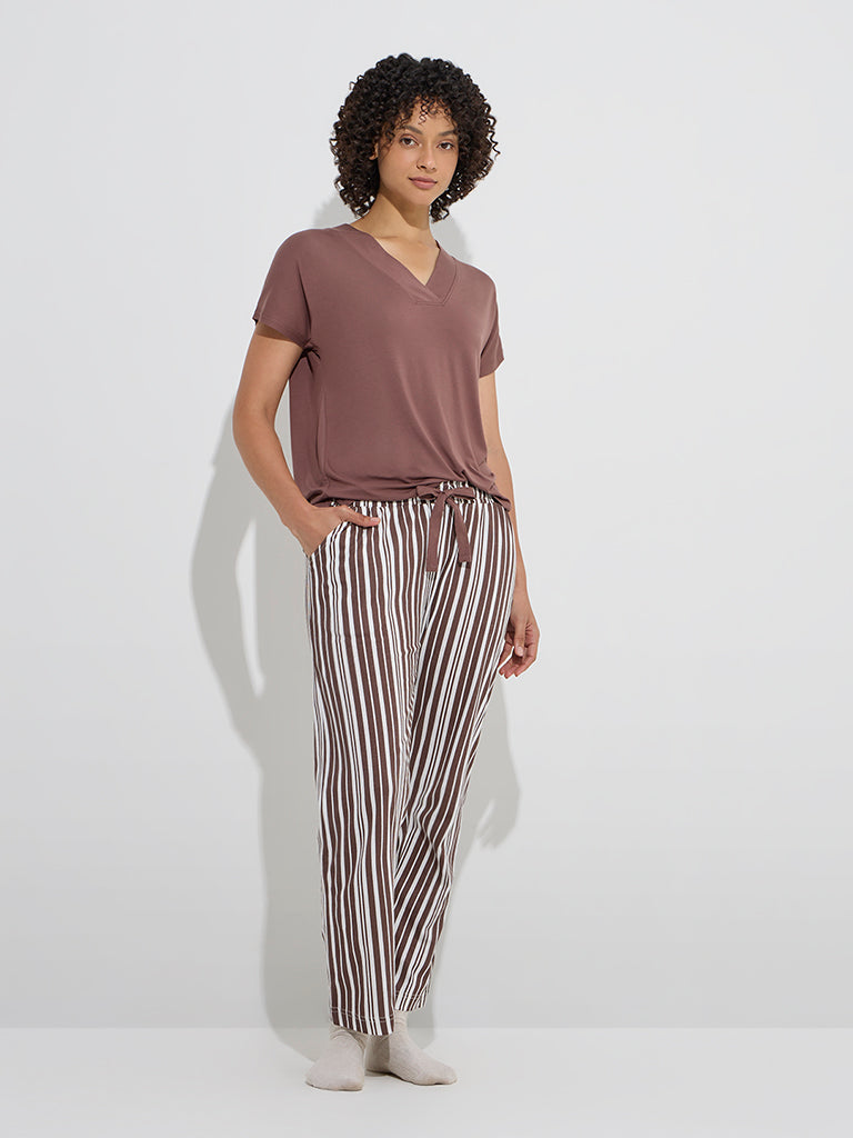 Westside Wunderlove Women's Brown Solid Cotton T-Shirt for Casual Wear Full Model View