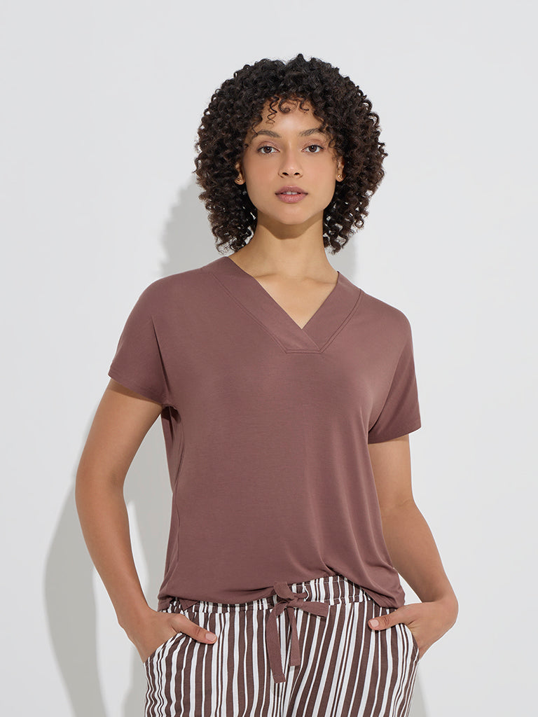 Westside Wunderlove Women's Brown Solid Cotton T-Shirt for Casual Wear Front View
