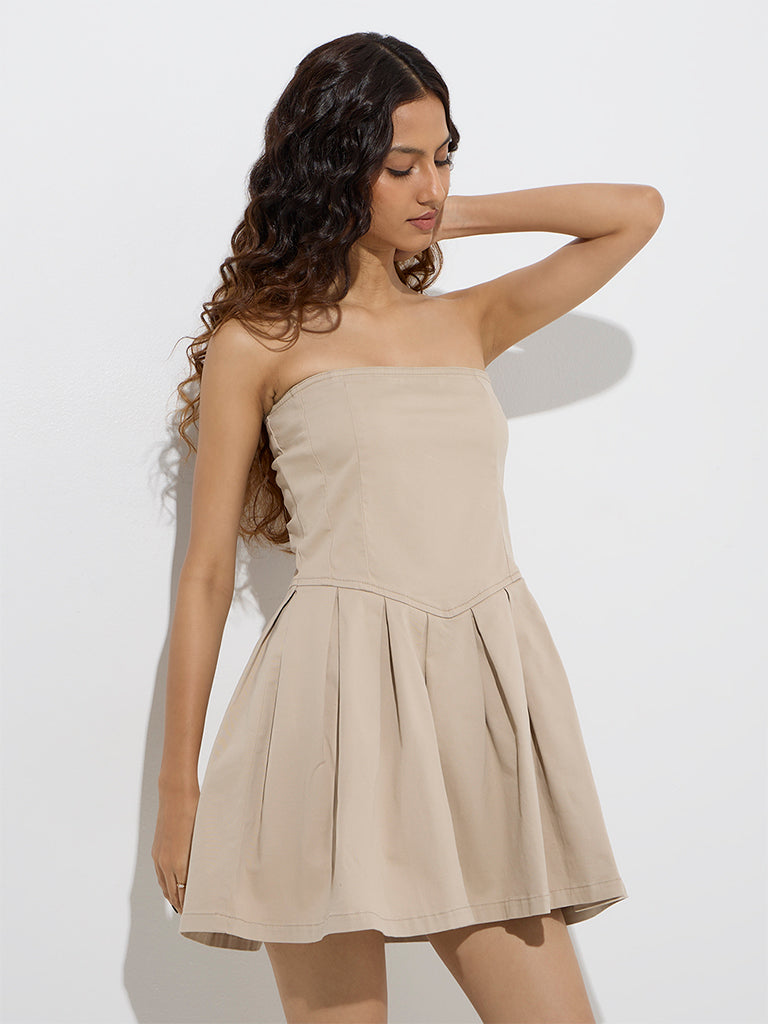 Westside Nuon Women's Beige Pleated Cotton-Blend Tube Dress for Casual Wear Front View