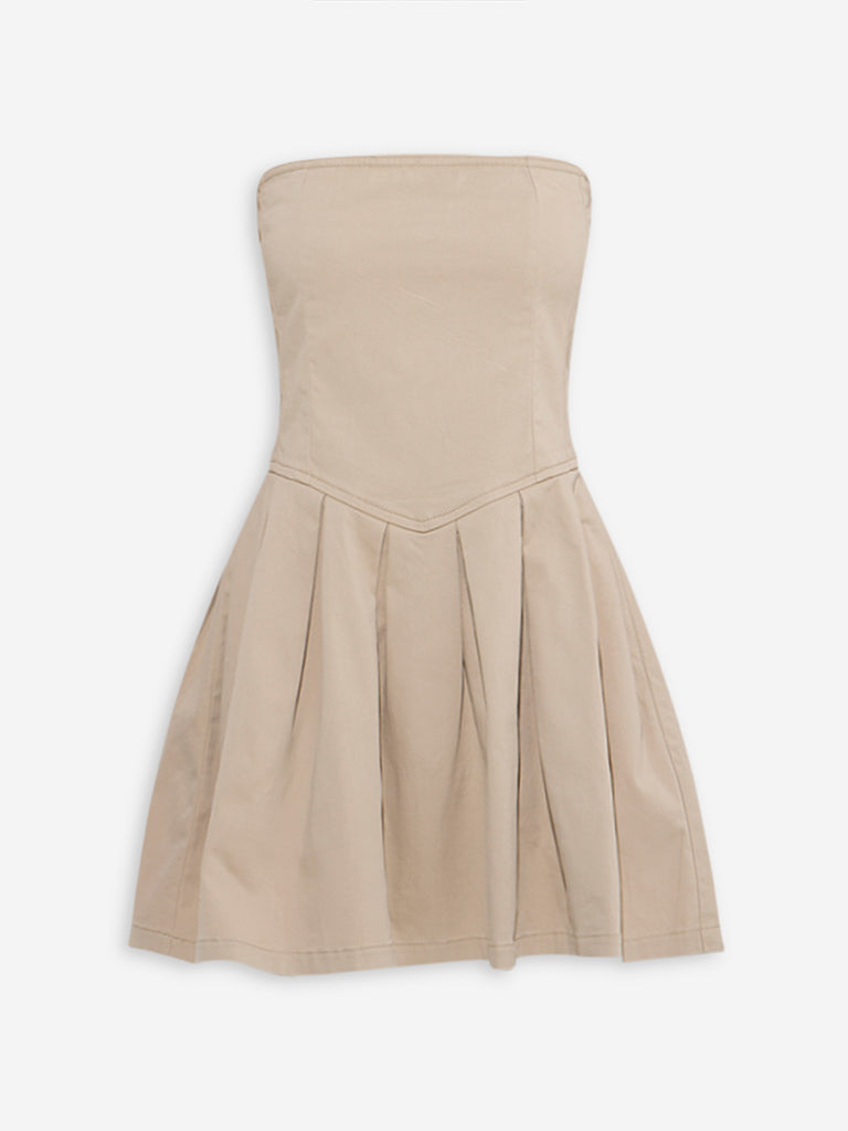 Westside Nuon Women's Beige Pleated Cotton-Blend Tube Dress for Casual Wear Flatly View