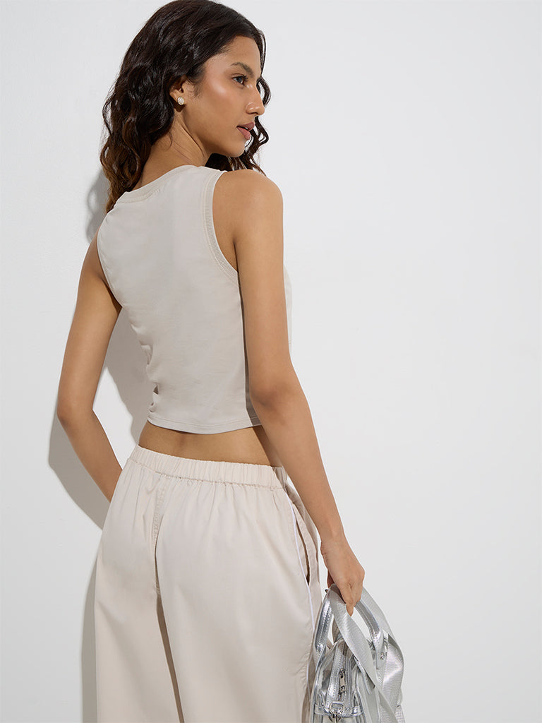 Westside Nuon Women's Beige Printed Cotton-Blend Tank Top for Casual Wear Back View