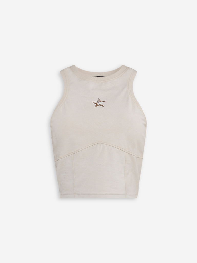 Westside Nuon Women's Beige Printed Cotton-Blend Tank Top for Casual Wear Flatly View