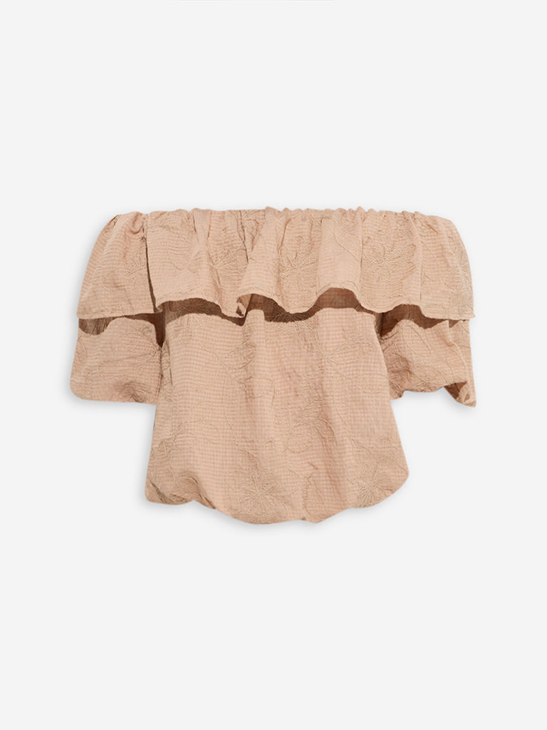 Westside LOV Women's Beige Floral Embroidered Off-Shoulder Top for Casual Wear Front View