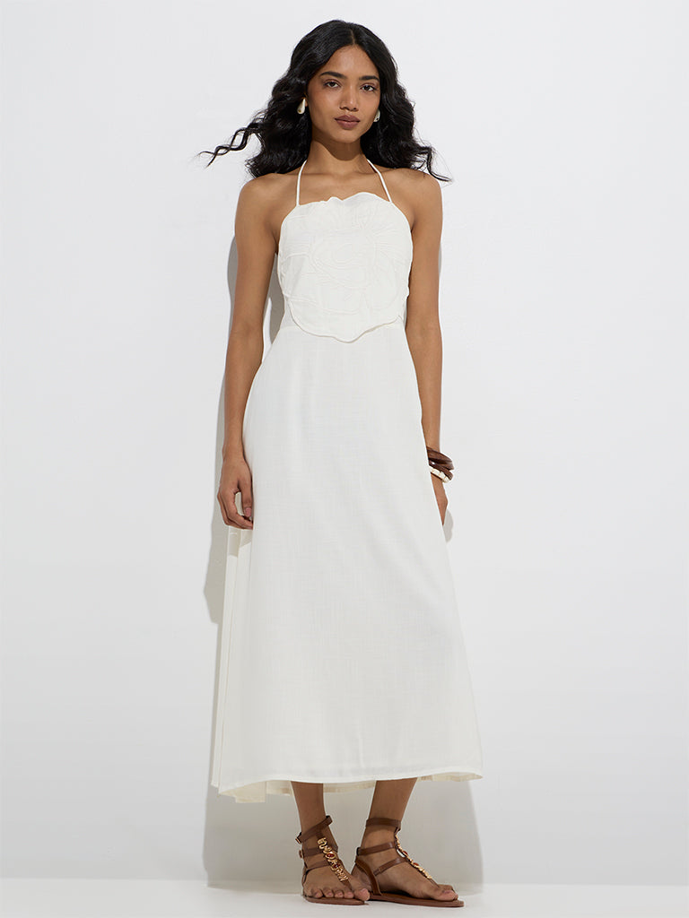 Westside LOV Women's White Floral Embroidered Linen-Blend A-Line Dress for Casual Wear Front View