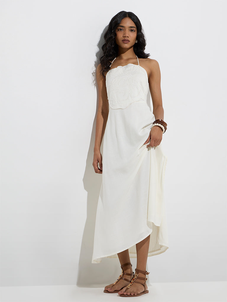 Westside LOV Women's White Floral Embroidered Linen-Blend A-Line Dress for Casual Wear Full Model View