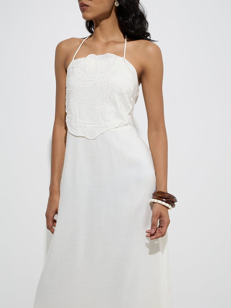 Westside LOV Women's White Floral Embroidered Linen-Blend A-Line Dress for Casual Wear Zoom View