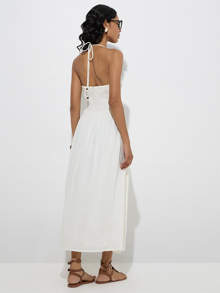 Westside LOV Women's White Floral Embroidered Linen-Blend A-Line Dress for Casual Wear Back View