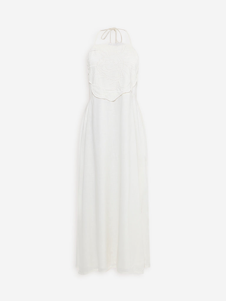 Westside LOV Women's White Floral Embroidered Linen-Blend A-Line Dress for Casual Wear Flatly View