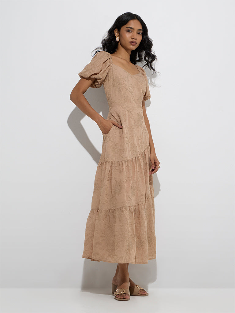 Westside LOV Women's Beige Floral Embroidered Tiered Dress for Casual Wear Full Model View