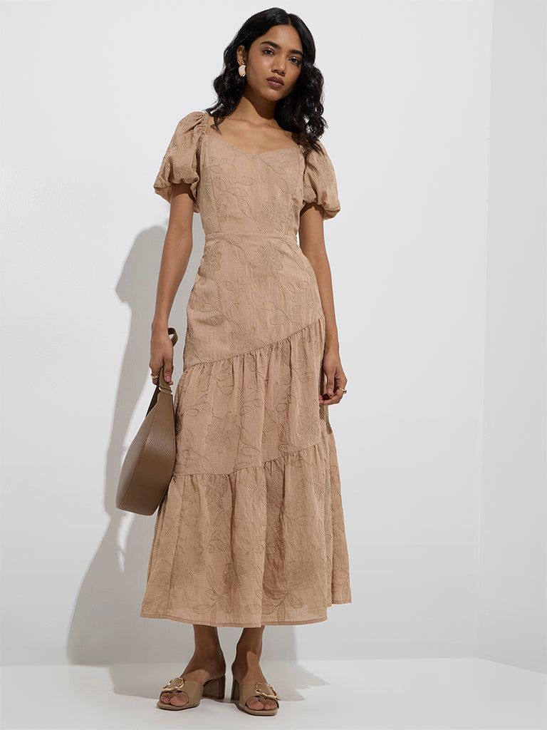 Westside LOV Women's Beige Floral Embroidered Tiered Dress for Casual Wear Front View