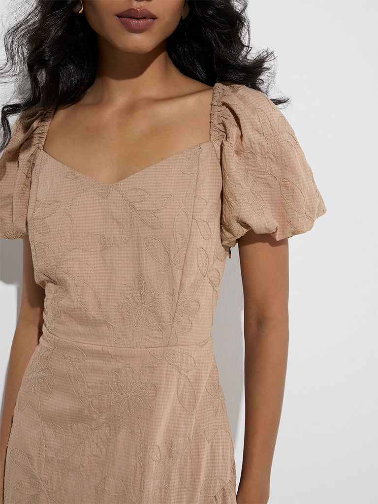 Westside LOV Women's Beige Floral Embroidered Tiered Dress for Casual Wear Zoom View
