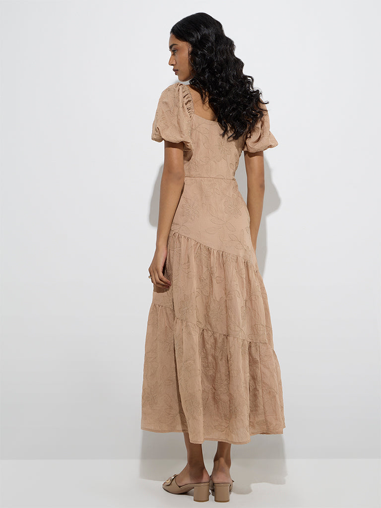 Westside LOV Women's Beige Floral Embroidered Tiered Dress for Casual Wear Back View