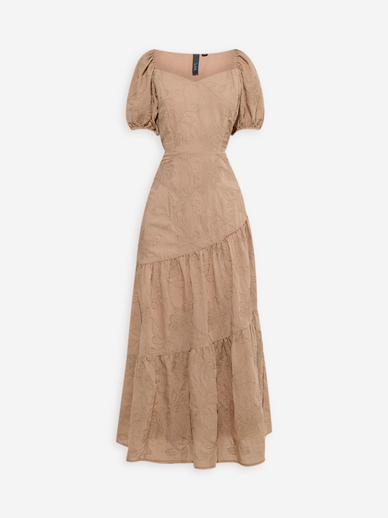 Westside LOV Women's Beige Floral Embroidered Tiered Dress for Casual Wear Flatly View