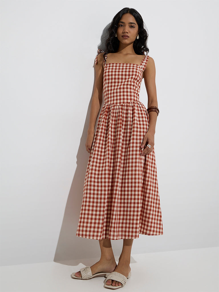 LOV Rust Gingham Checkered A-Line Dress