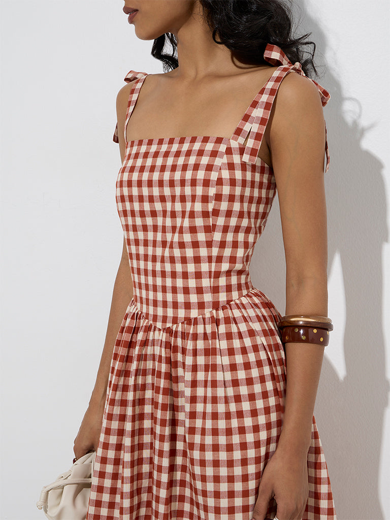 LOV Rust Gingham Checkered A-Line Dress