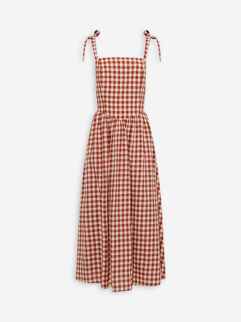 Westside LOV Women's Rust Gingham Checkered A-Line Dress for Casual Wear Flatly View