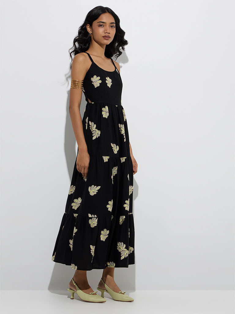LOV Black Leaf Embroidered Tiered Dress