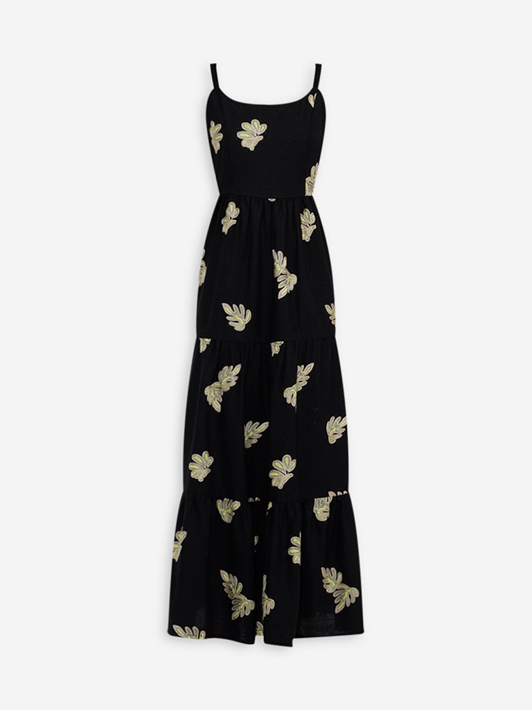 LOV Black Leaf Embroidered Tiered Dress
