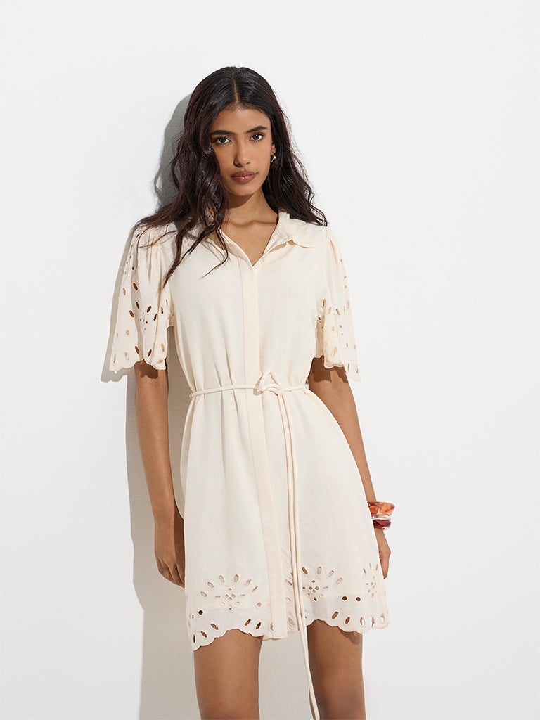 Westside LOV Women's Off-White Schiffli Detailed Shirt Dress with Belt for Casual Wear Front View